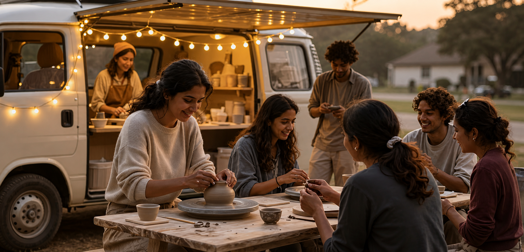 Friends gathering for a mobile pottery party beside a pottery van
